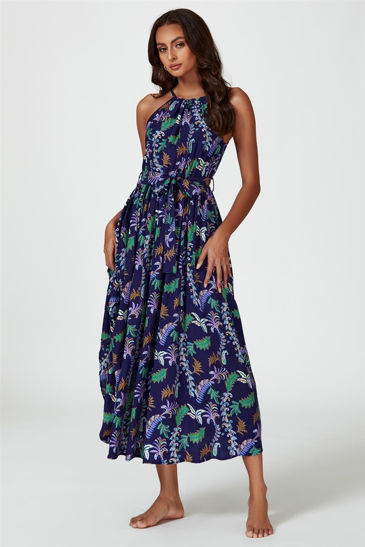 Floral Print Tie Halterneck Maxi Dress In Navy - AXON