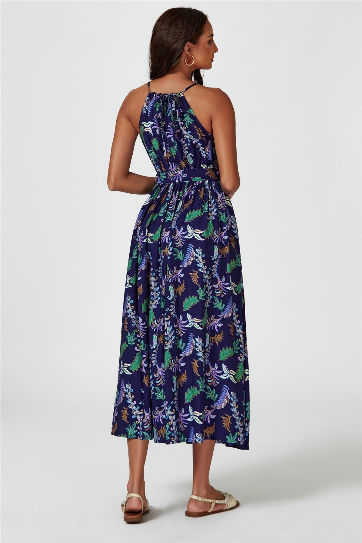Floral Print Tie Halterneck Maxi Dress In Navy - AXON