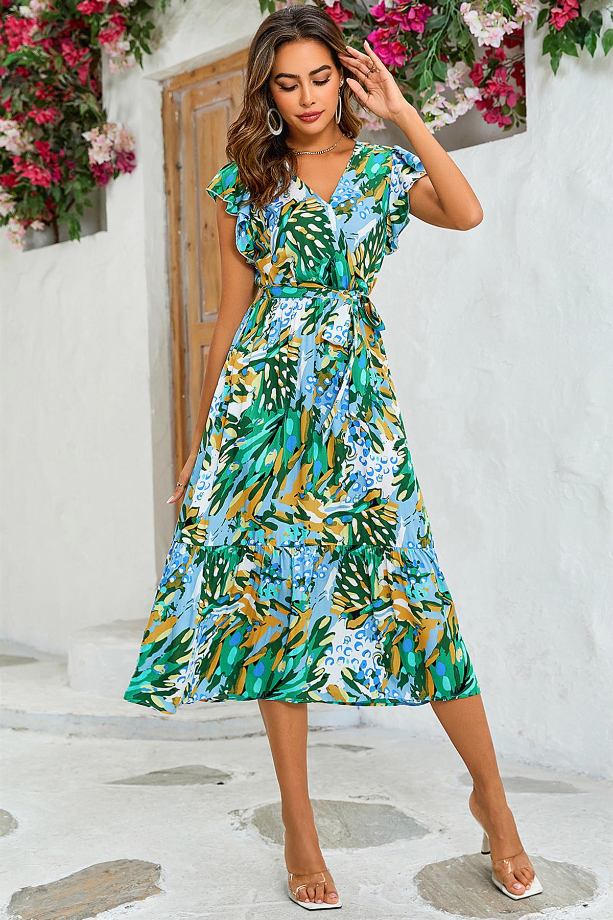 Floral Print Wrap Dress In Yellow & Green - AXON