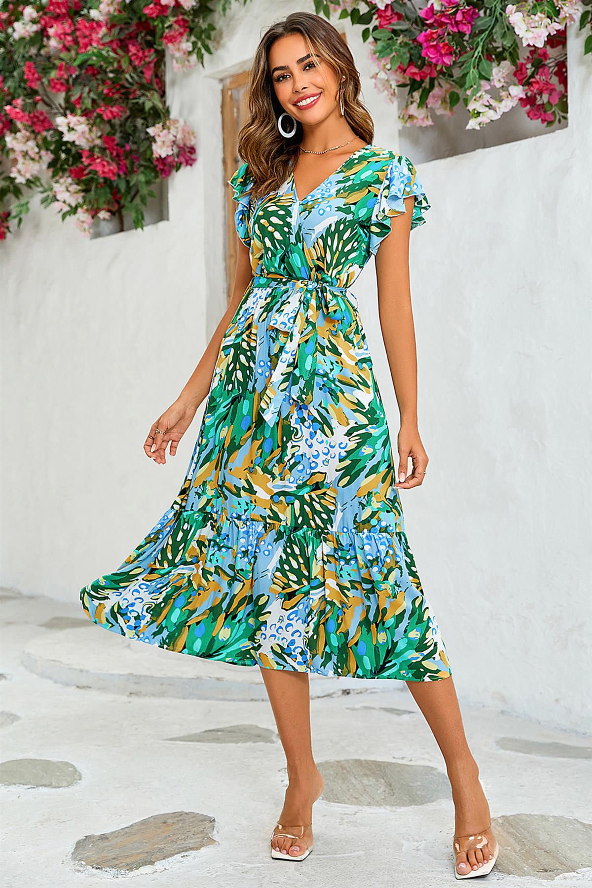 Floral Print Wrap Dress In Yellow & Green - AXON