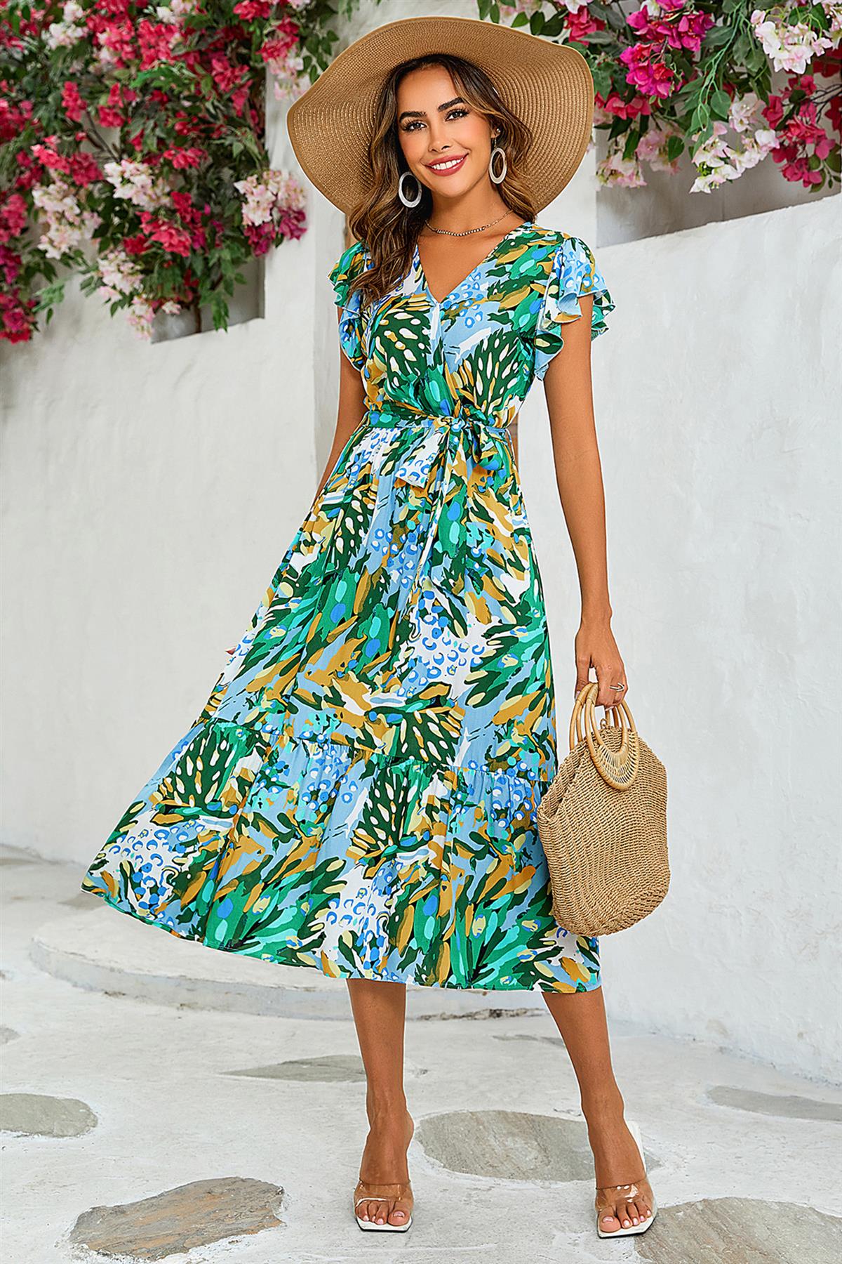 Floral Print Wrap Dress In Yellow & Green - AXON