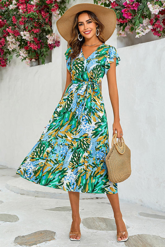 Floral Print Wrap Dress In Yellow & Green - AXON