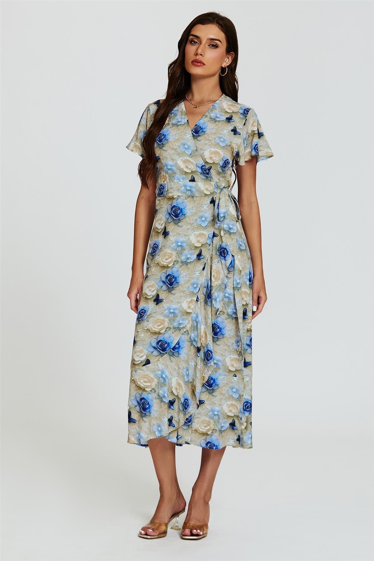 Floral Print Wrap Hem Midi Dress In Beige - AXON