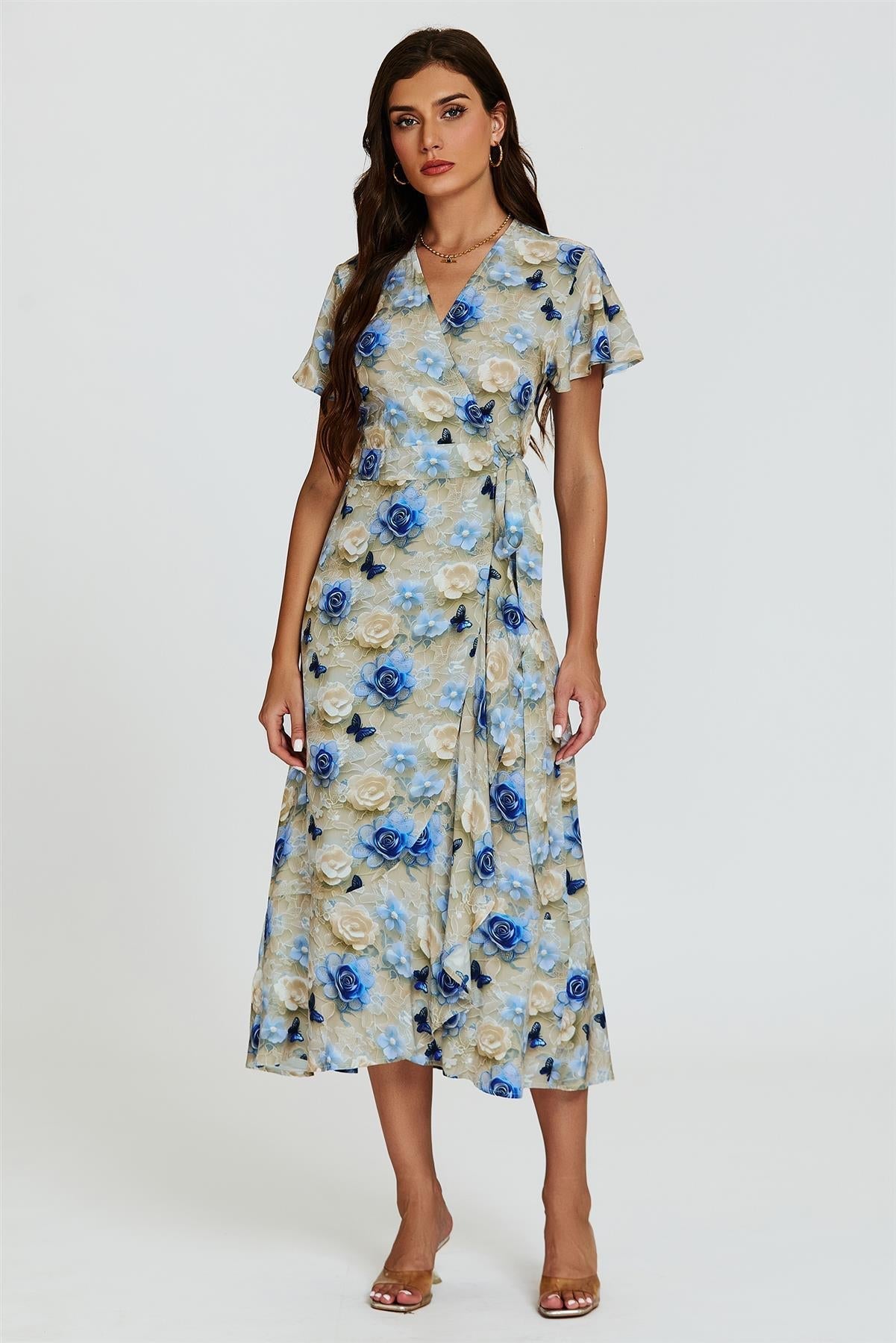 Floral Print Wrap Hem Midi Dress In Beige - AXON
