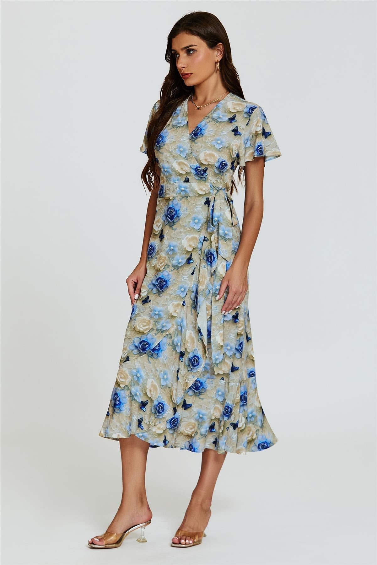 Floral Print Wrap Hem Midi Dress In Beige - AXON