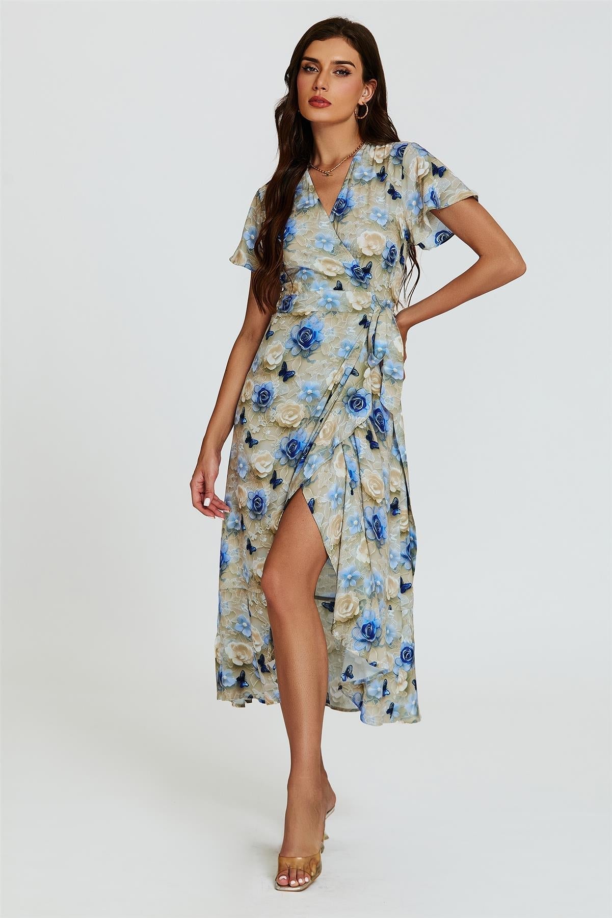 Floral Print Wrap Hem Midi Dress In Beige - AXON