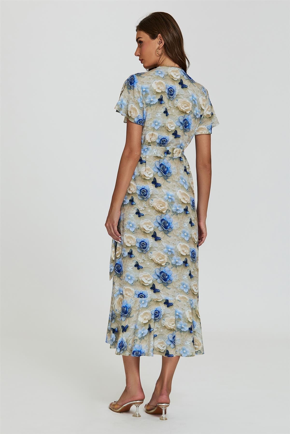 Floral Print Wrap Hem Midi Dress In Beige - AXON