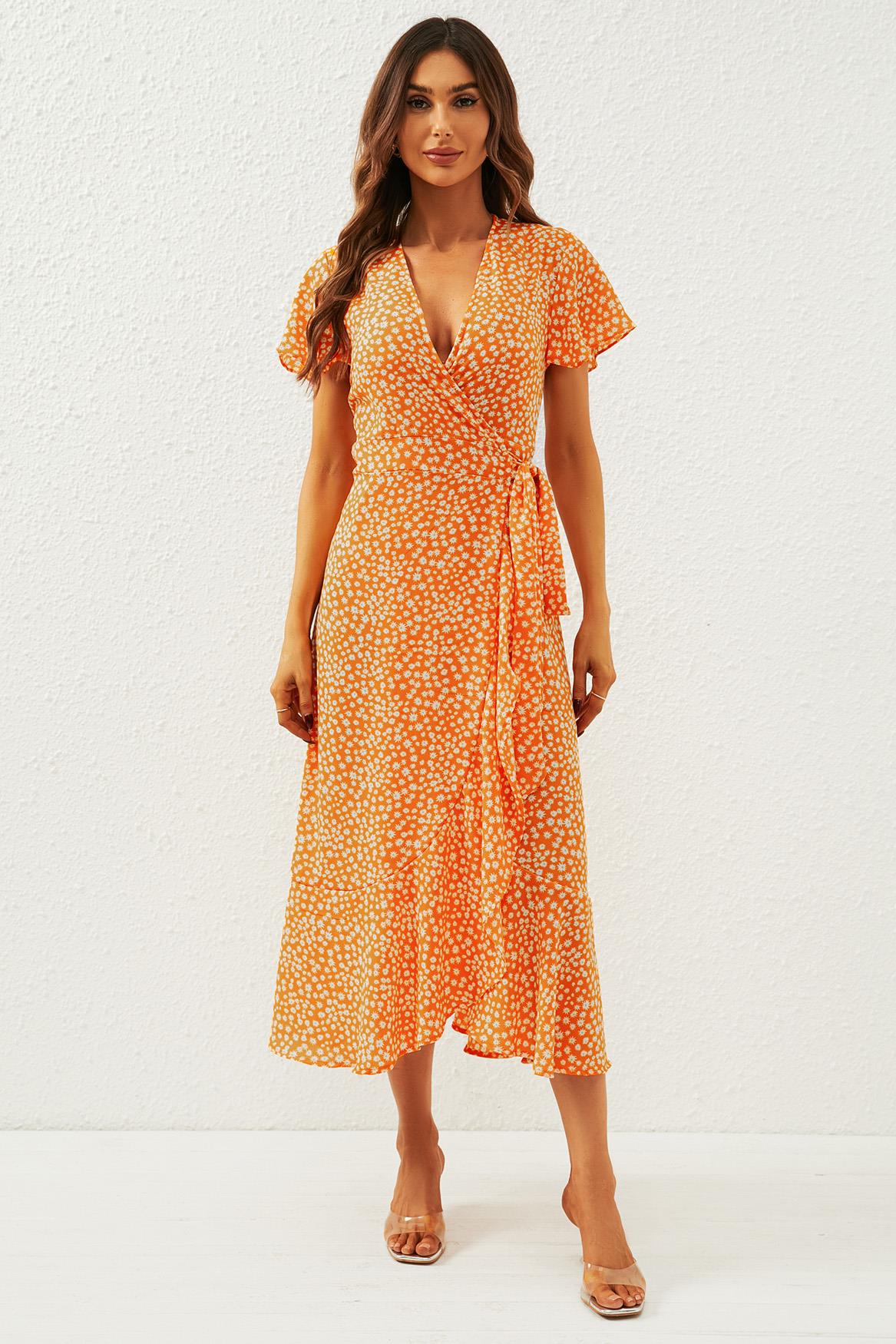 Floral Print Wrap Midi Dress In Orange Yellow - AXON