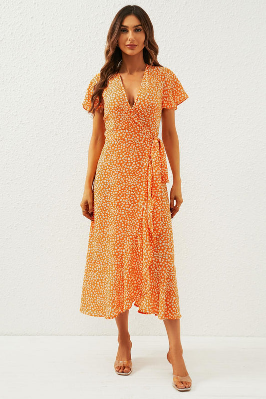 Floral Print Wrap Midi Dress In Orange Yellow - AXON