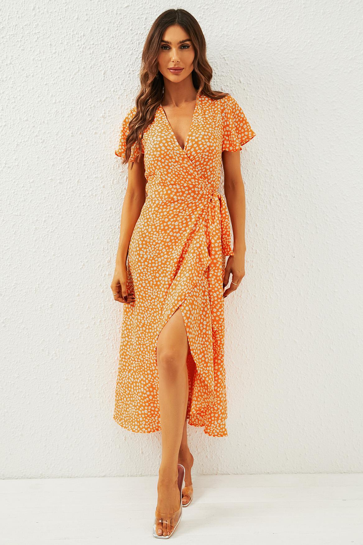 Floral Print Wrap Midi Dress In Orange Yellow - AXON