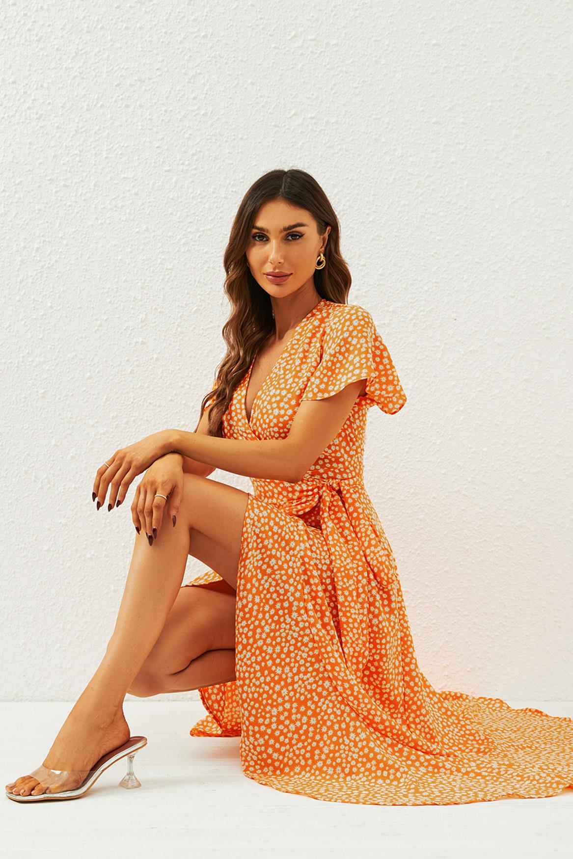 Floral Print Wrap Midi Dress In Orange Yellow - AXON