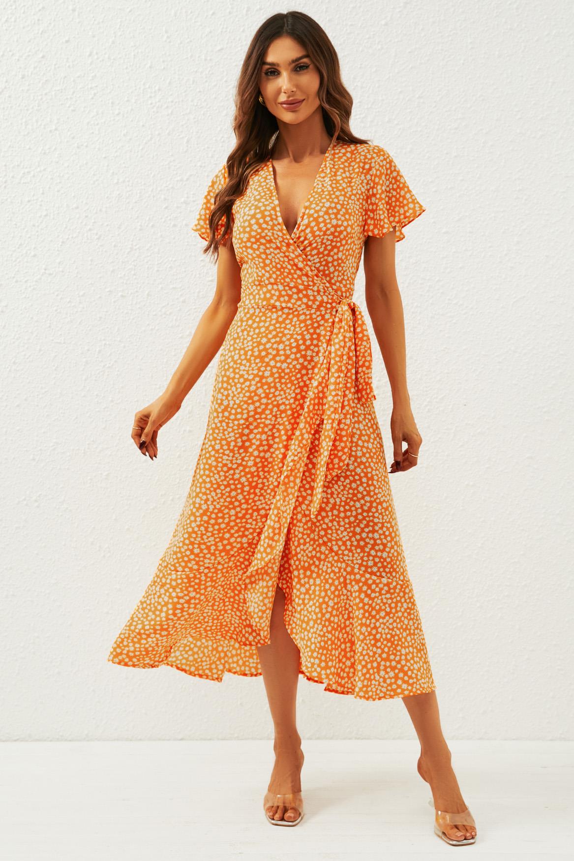 Floral Print Wrap Midi Dress In Orange Yellow - AXON