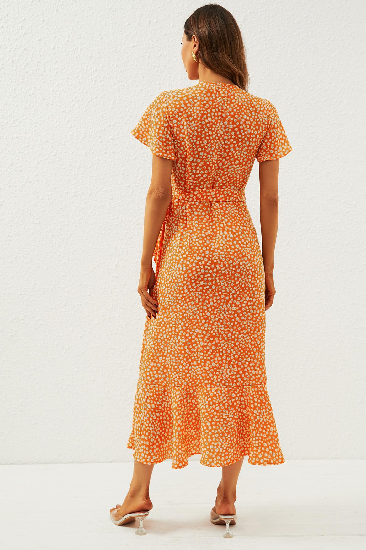 Floral Print Wrap Midi Dress In Orange Yellow - AXON