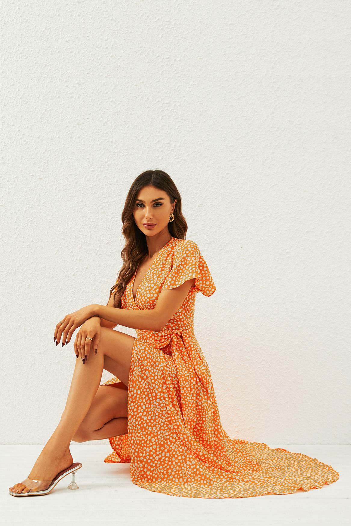 Floral Print Wrap Midi Dress In Orange Yellow - AXON