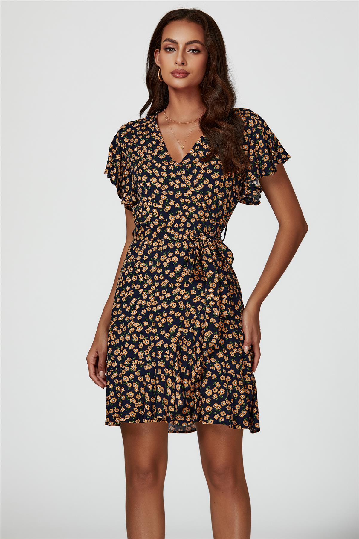 Floral Print Wrap Top Dress In Navy - AXON