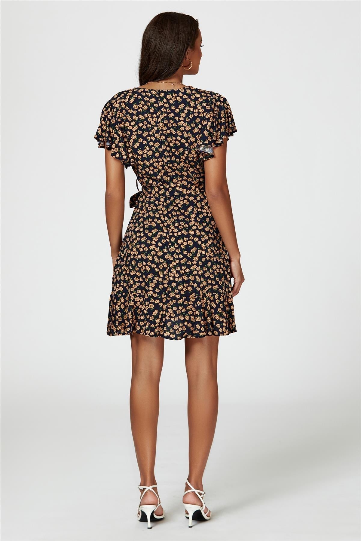 Floral Print Wrap Top Dress In Navy - AXON