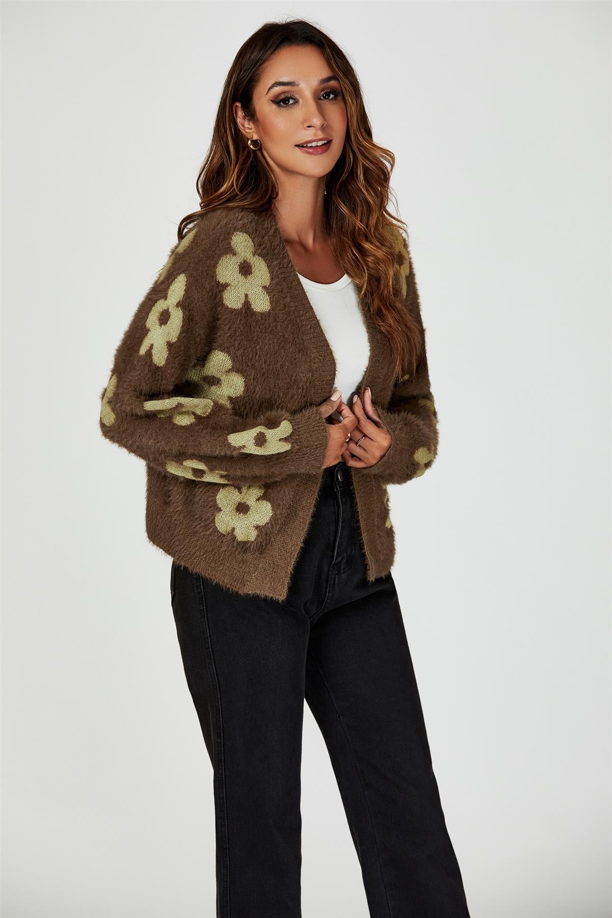 Flowers Pattern Knitted Cardigan In Brown - AXON