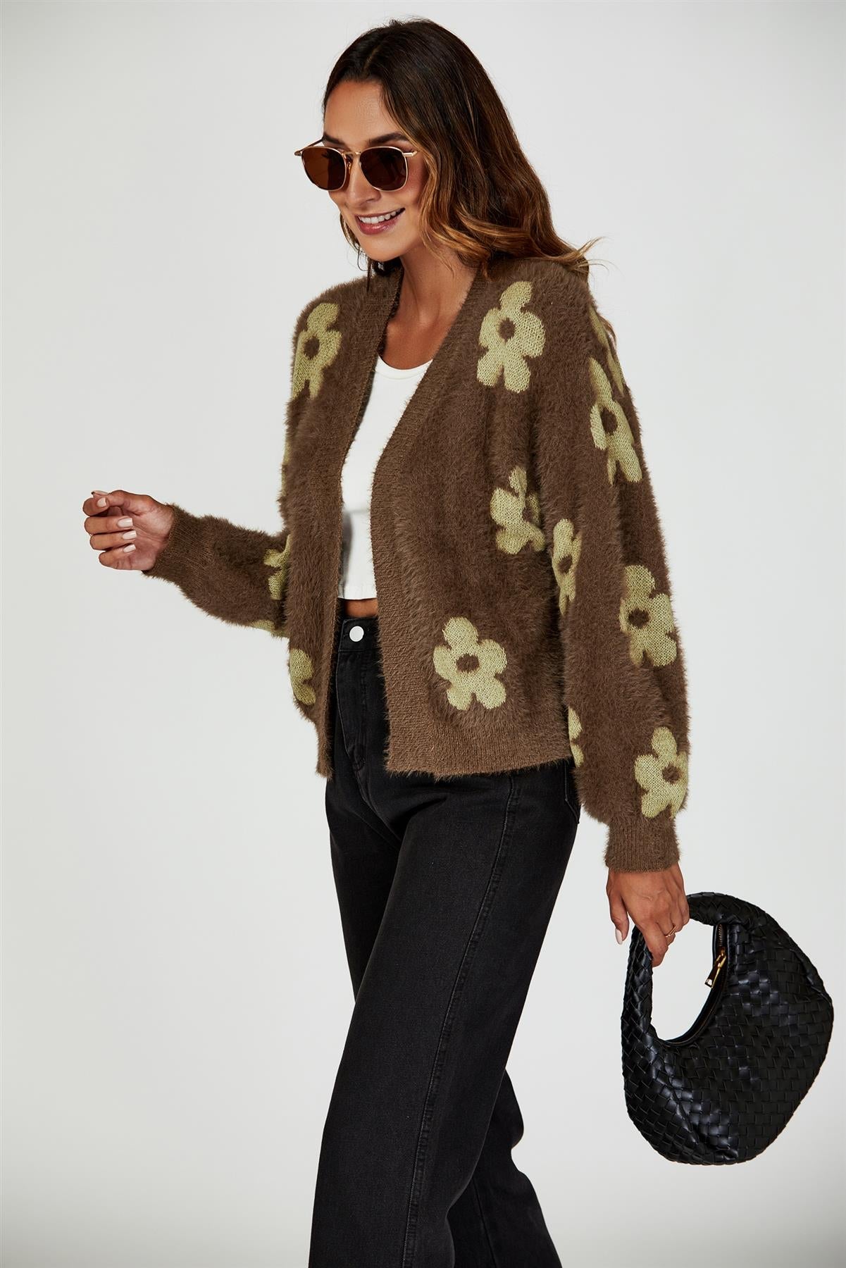 Flowers Pattern Knitted Cardigan In Brown - AXON