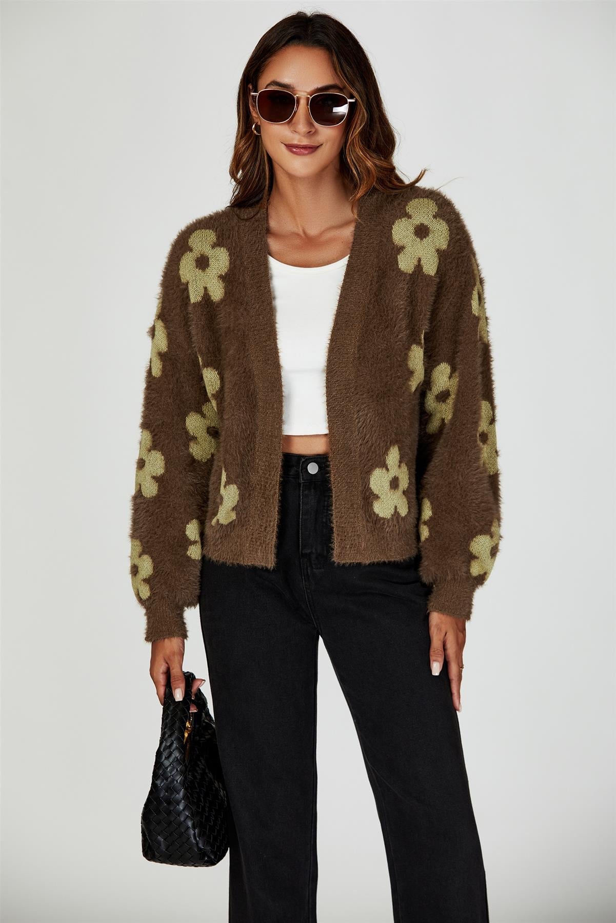 Flowers Pattern Knitted Cardigan In Brown - AXON