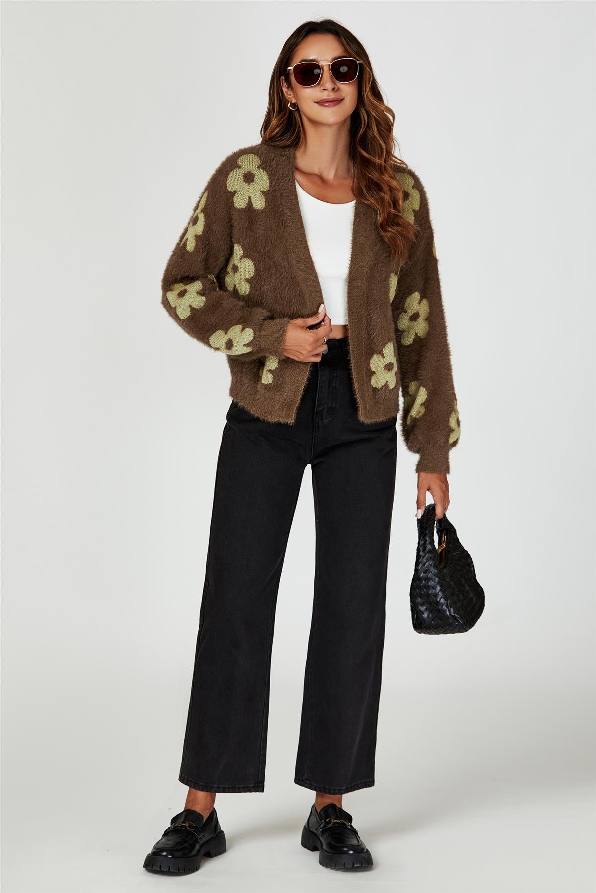 Flowers Pattern Knitted Cardigan In Brown - AXON
