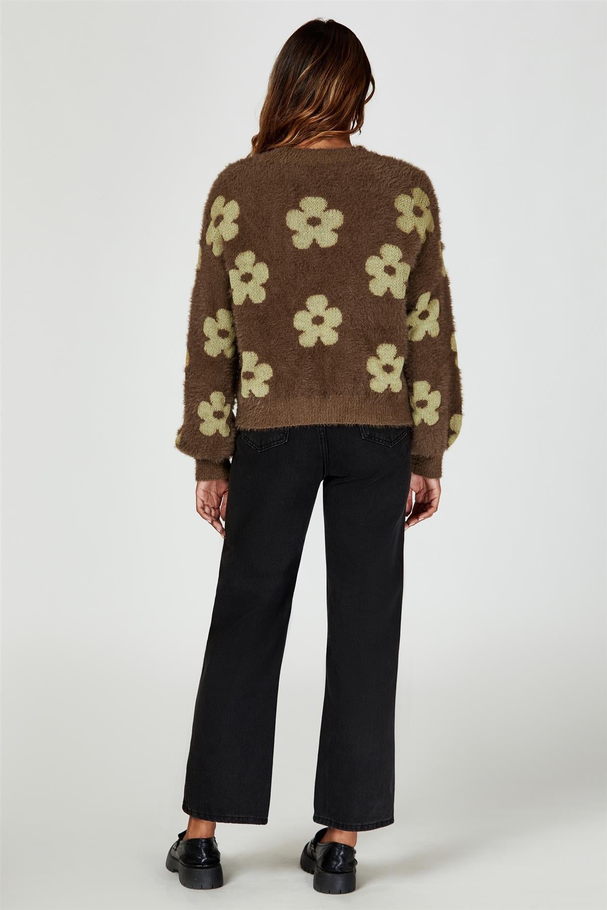 Flowers Pattern Knitted Cardigan In Brown - AXON