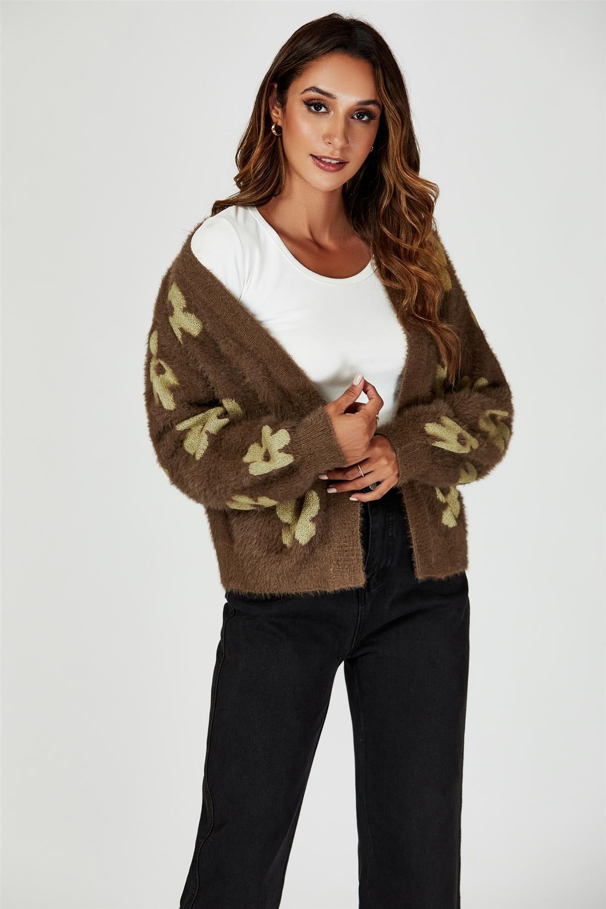 Flowers Pattern Knitted Cardigan In Brown - AXON