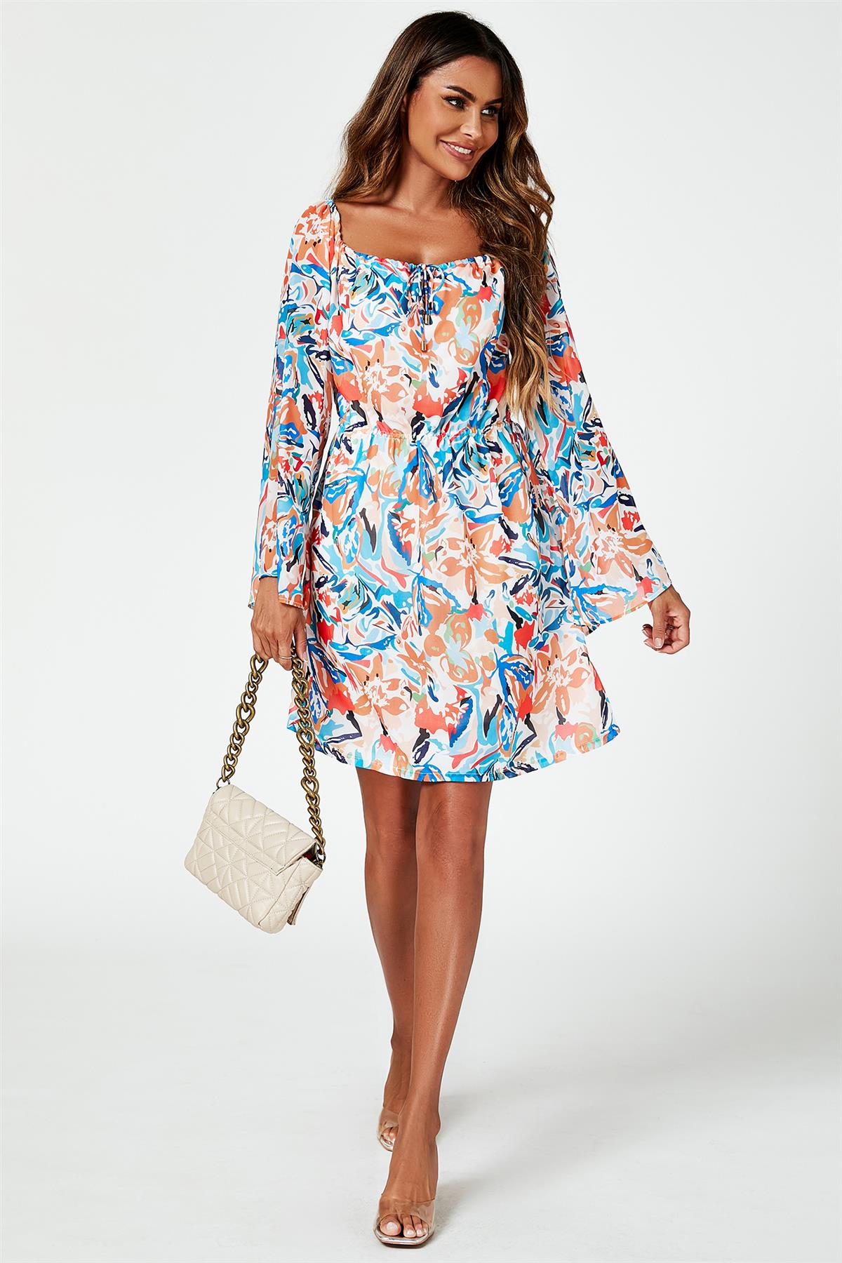 Flute Sleeve Bardot Dress With Tie Detail In Orange - AXON