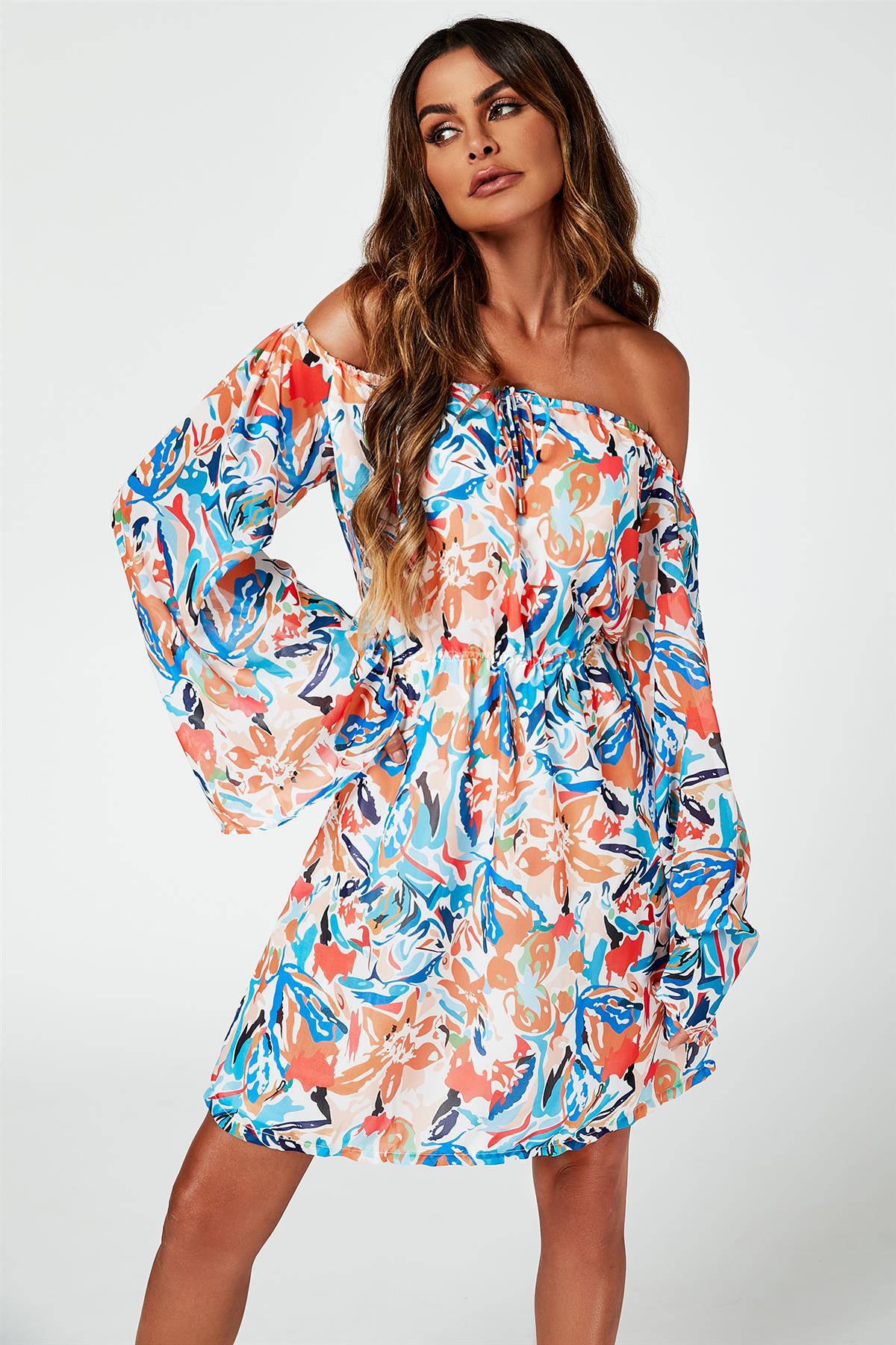 Flute Sleeve Bardot Dress With Tie Detail In Orange - AXON