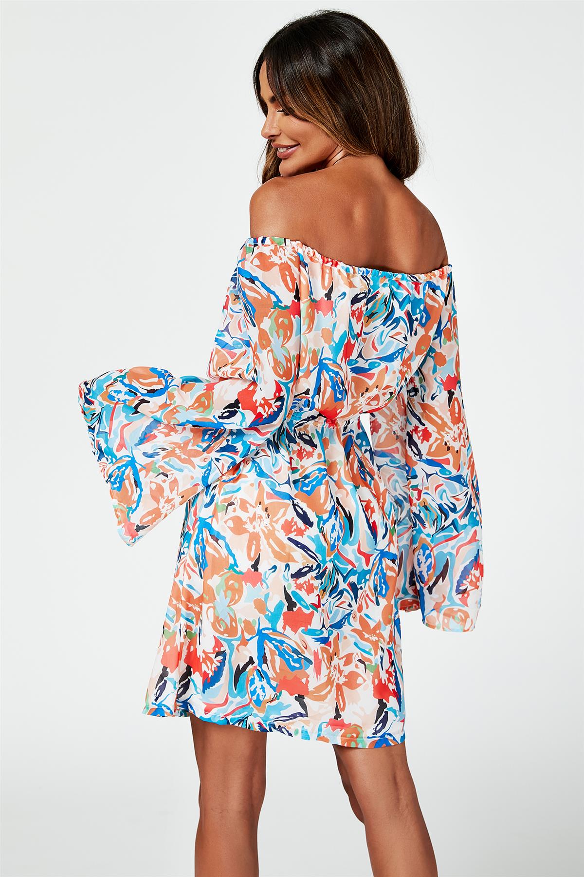 Flute Sleeve Bardot Dress With Tie Detail In Orange - AXON