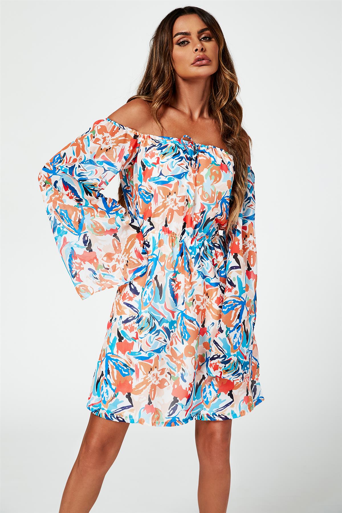 Flute Sleeve Bardot Dress With Tie Detail In Orange - AXON