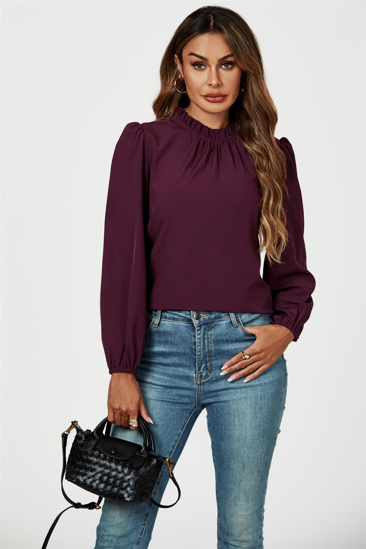 Frill Detail High Neck Top In Plum - AXON