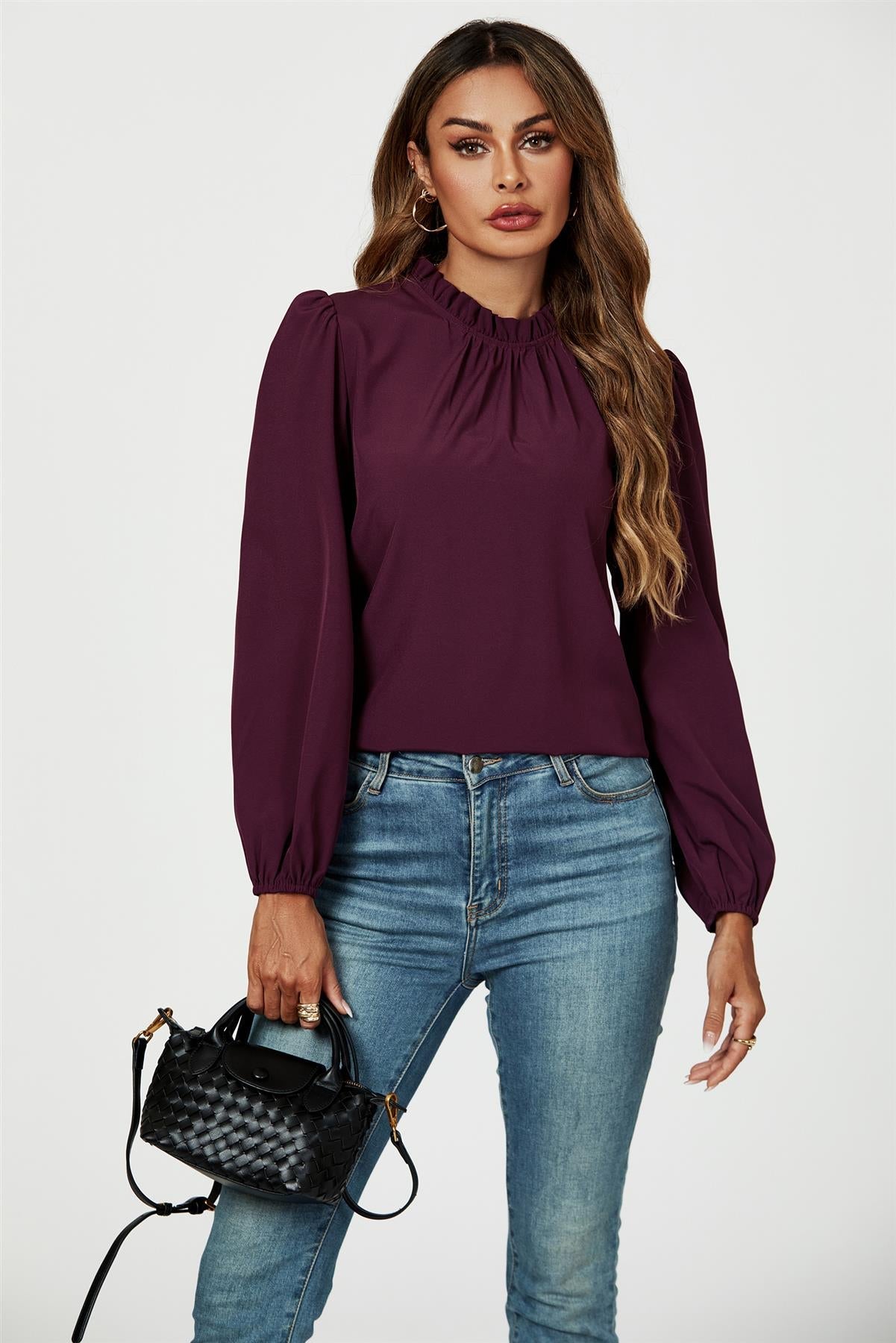 Frill Detail High Neck Top In Plum - AXON