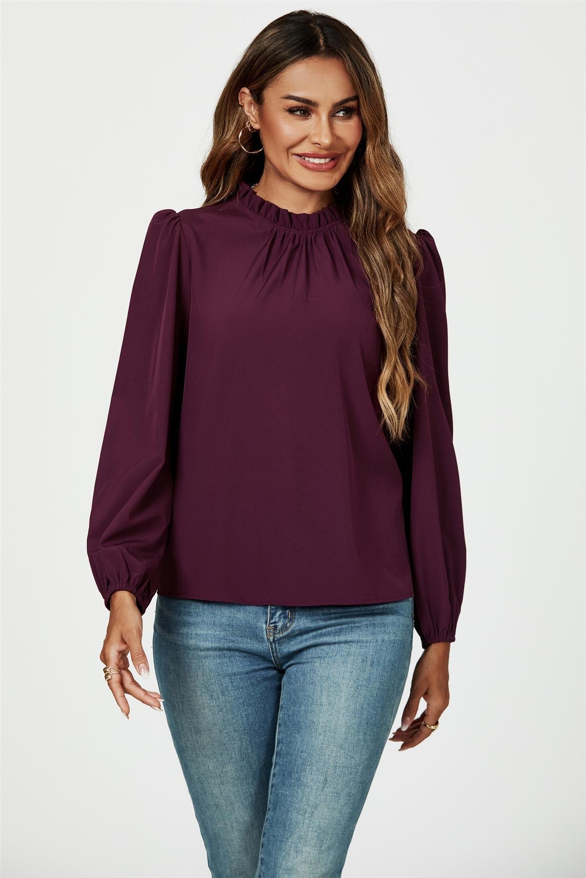 Frill Detail High Neck Top In Plum - AXON