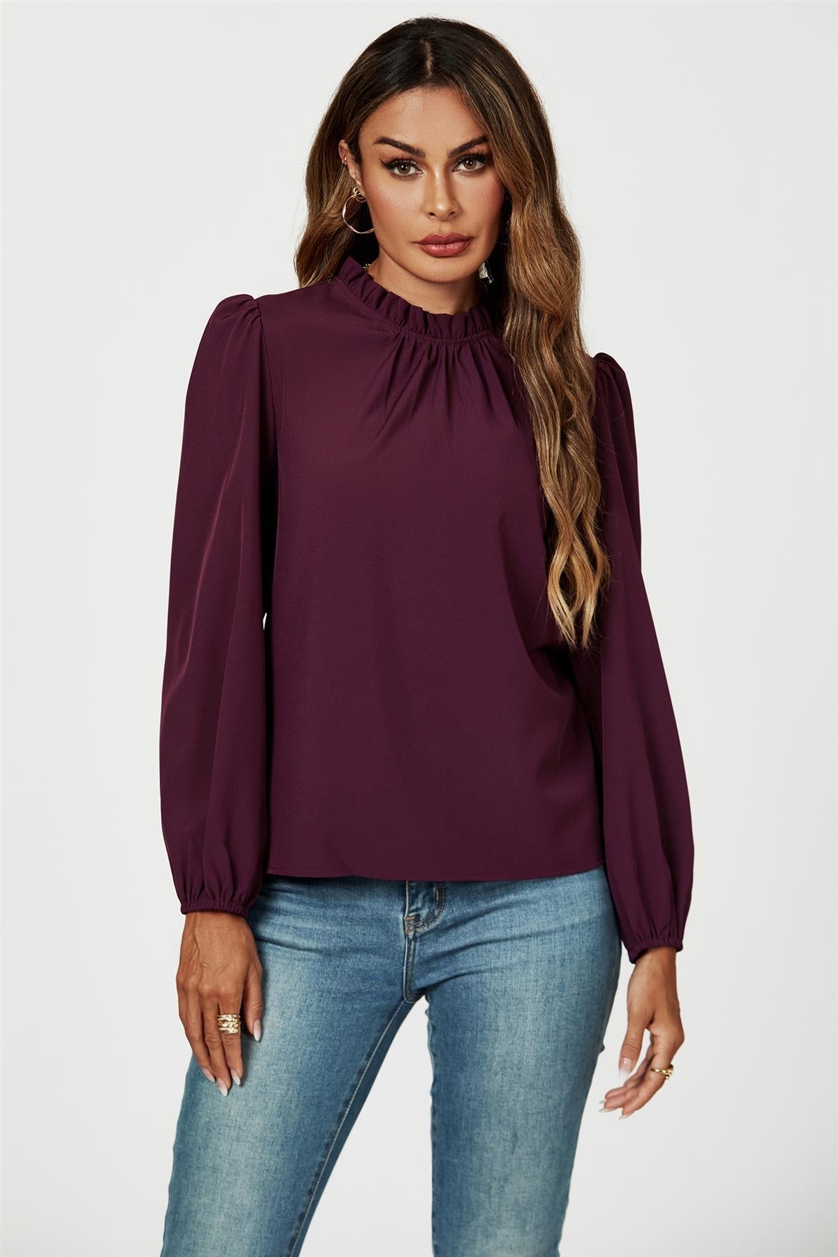 Frill Detail High Neck Top In Plum - AXON
