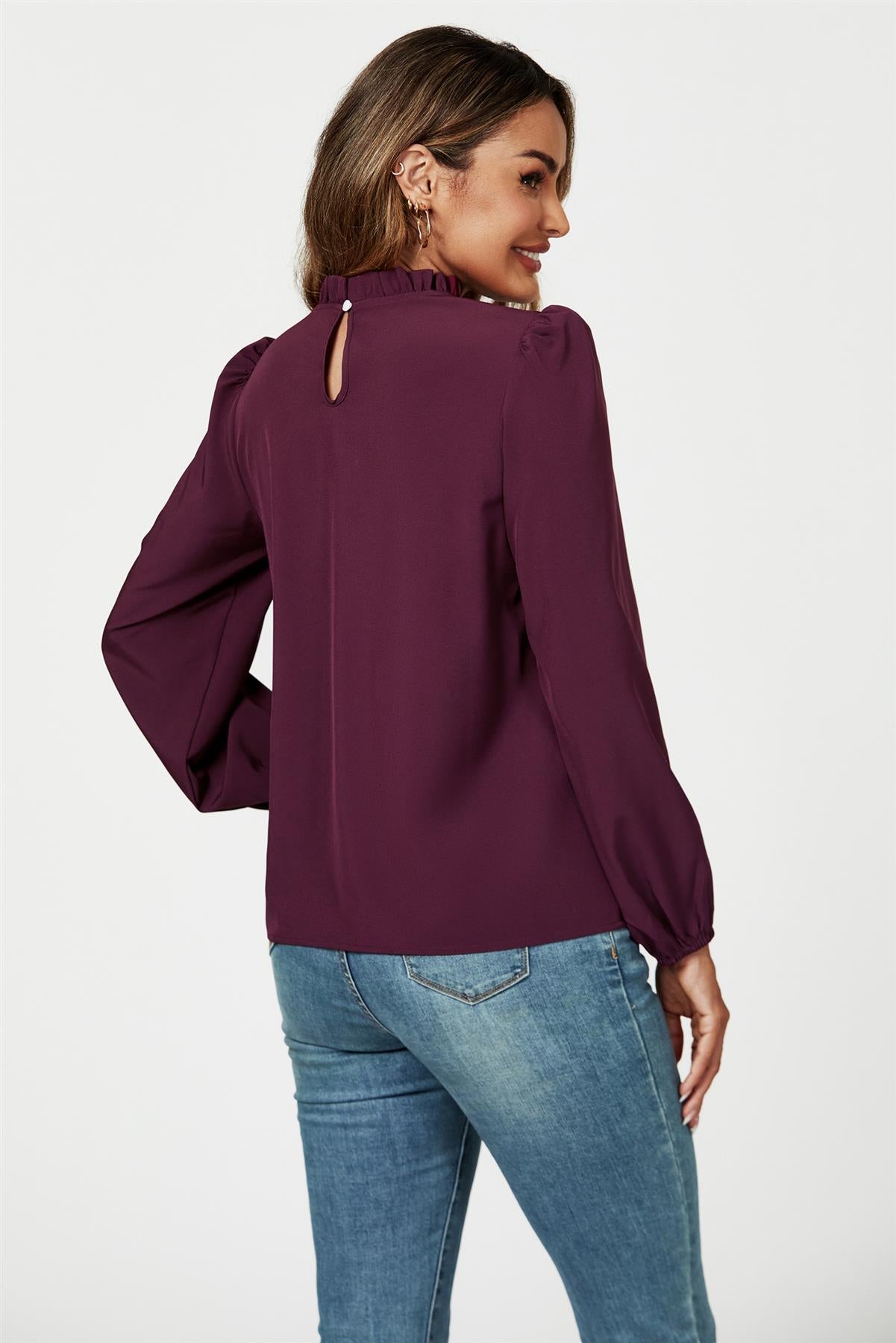 Frill Detail High Neck Top In Plum - AXON
