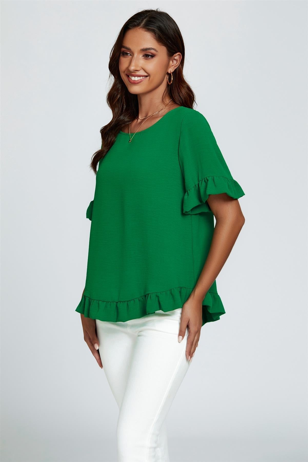 Frill Detail Short Sleeves Top In Green - AXON