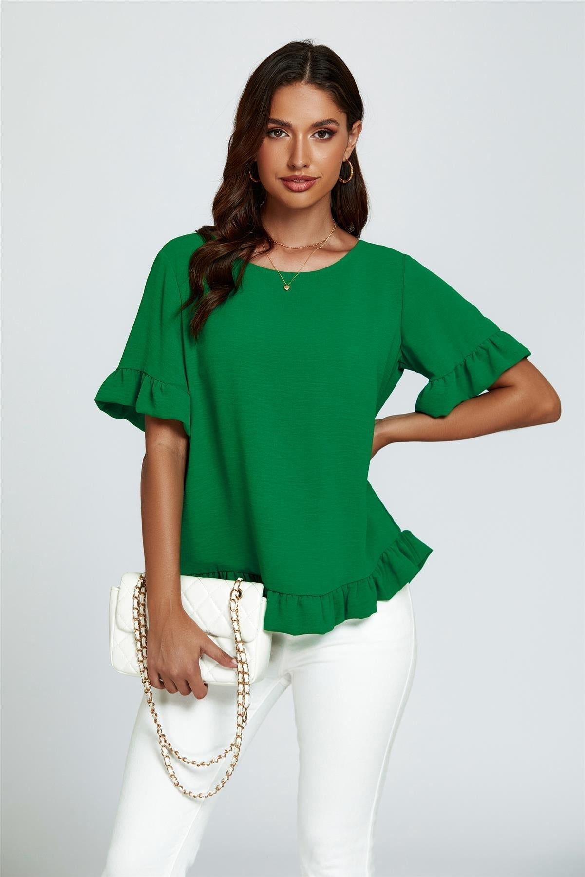 Frill Detail Short Sleeves Top In Green - AXON