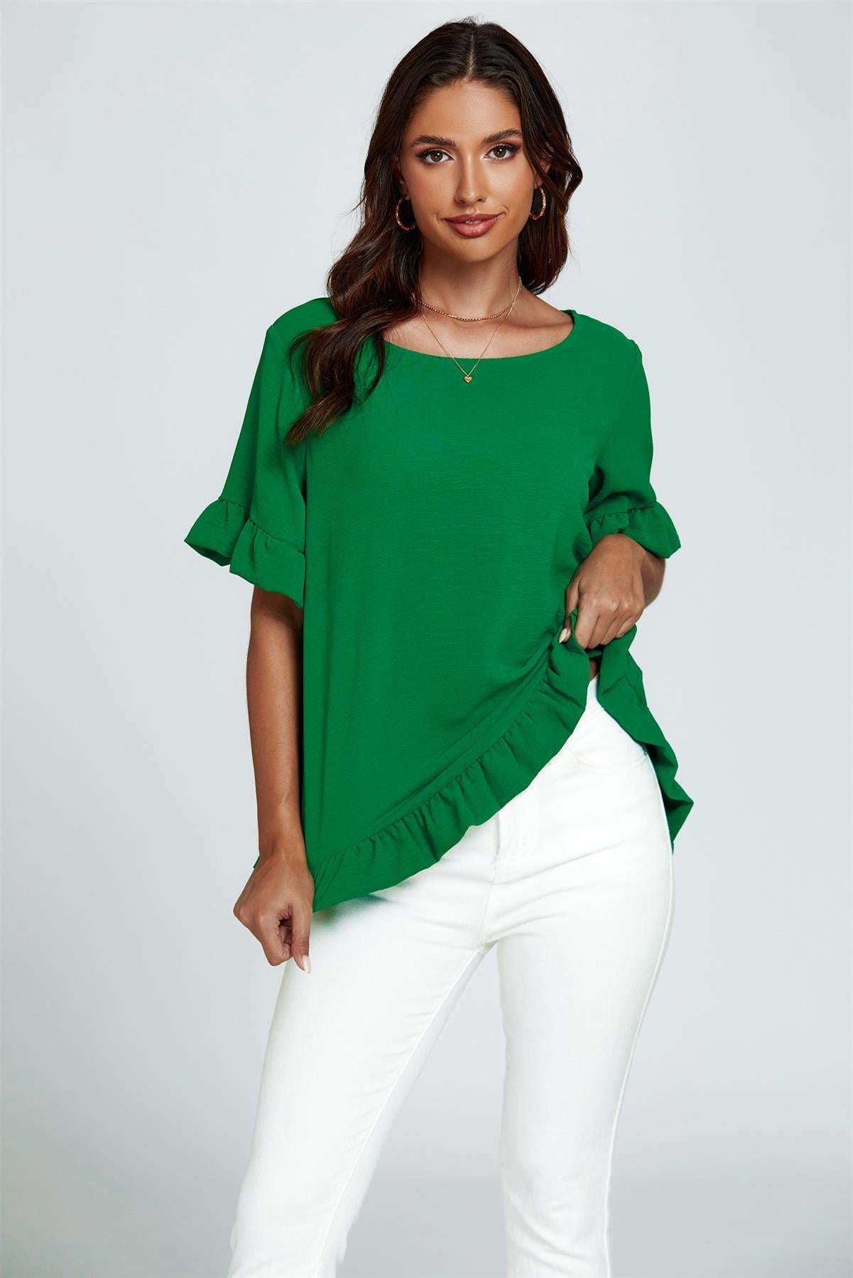 Frill Detail Short Sleeves Top In Green - AXON