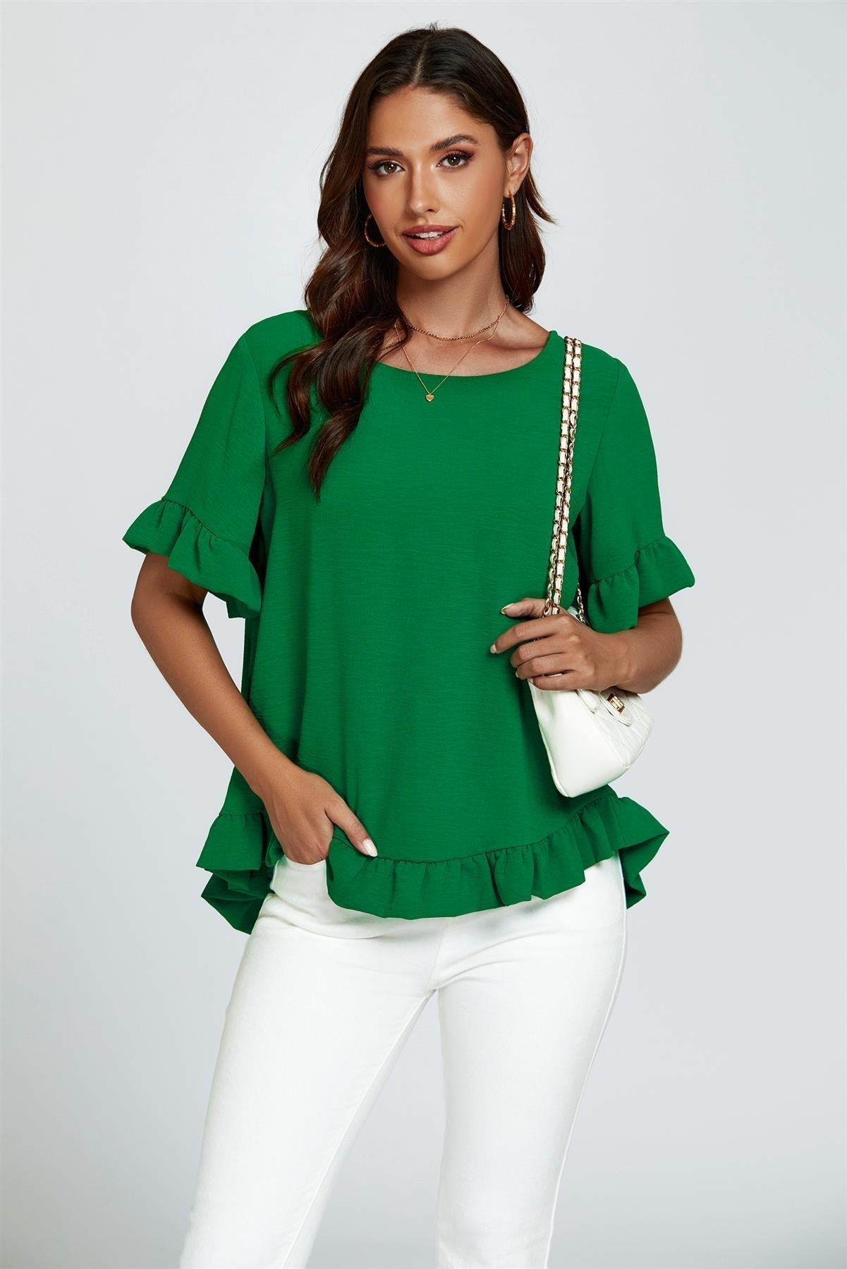 Frill Detail Short Sleeves Top In Green - AXON
