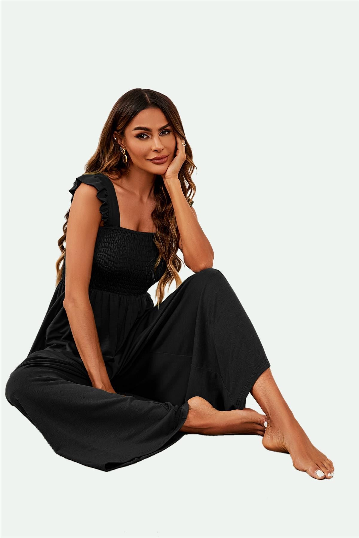 Frill Detail Strappy Jumpsuit In Black - AXON