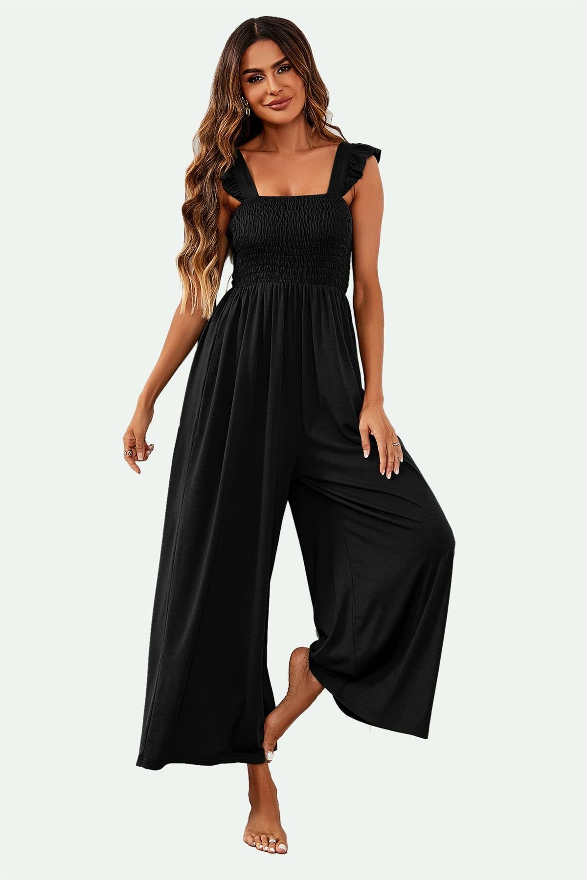 Frill Detail Strappy Jumpsuit In Black - AXON