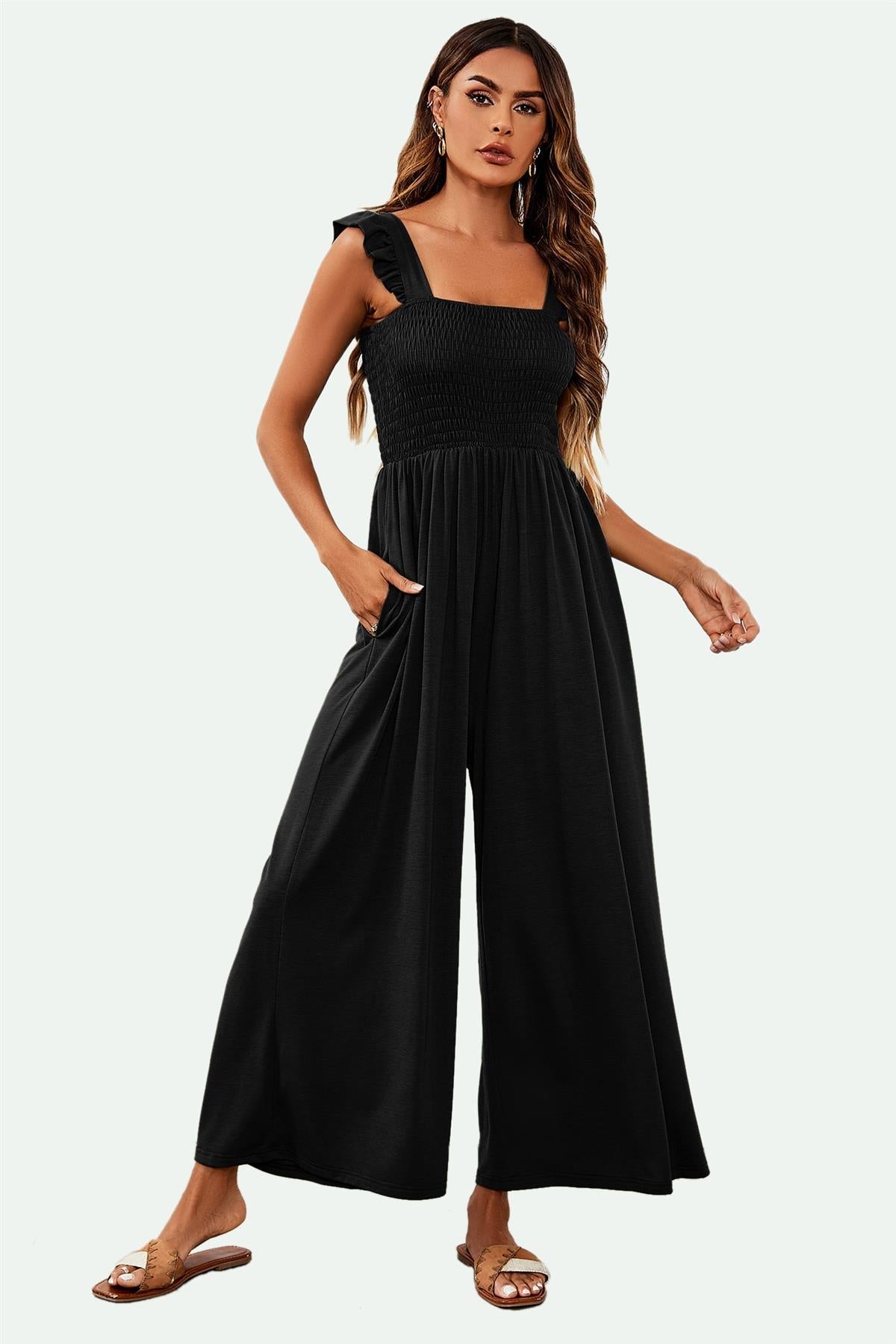 Frill Detail Strappy Jumpsuit In Black - AXON