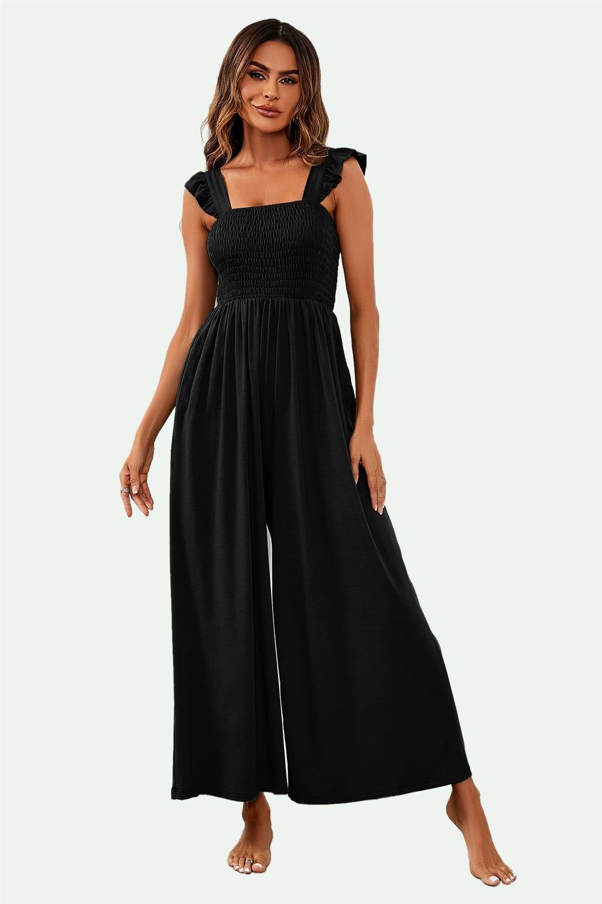 Frill Detail Strappy Jumpsuit In Black - AXON