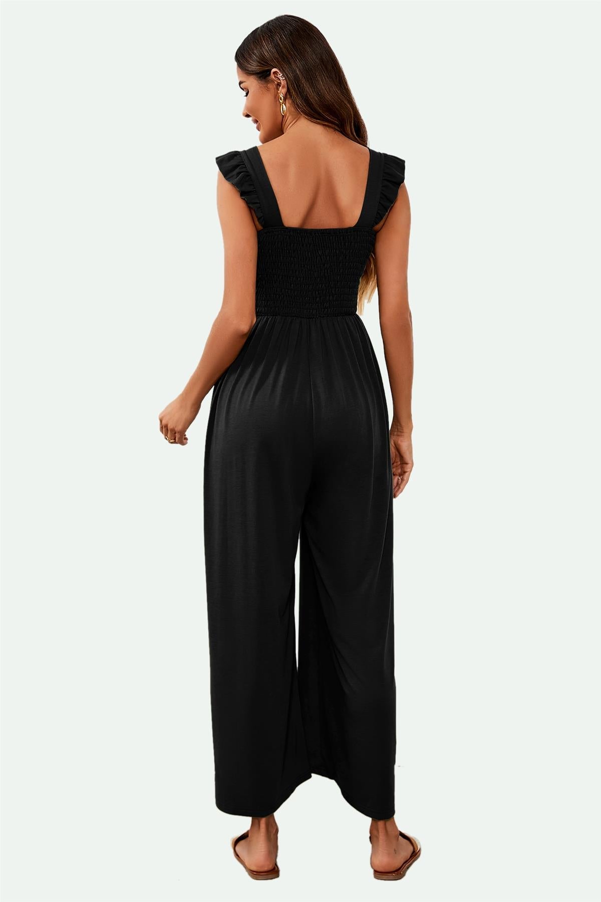Frill Detail Strappy Jumpsuit In Black - AXON