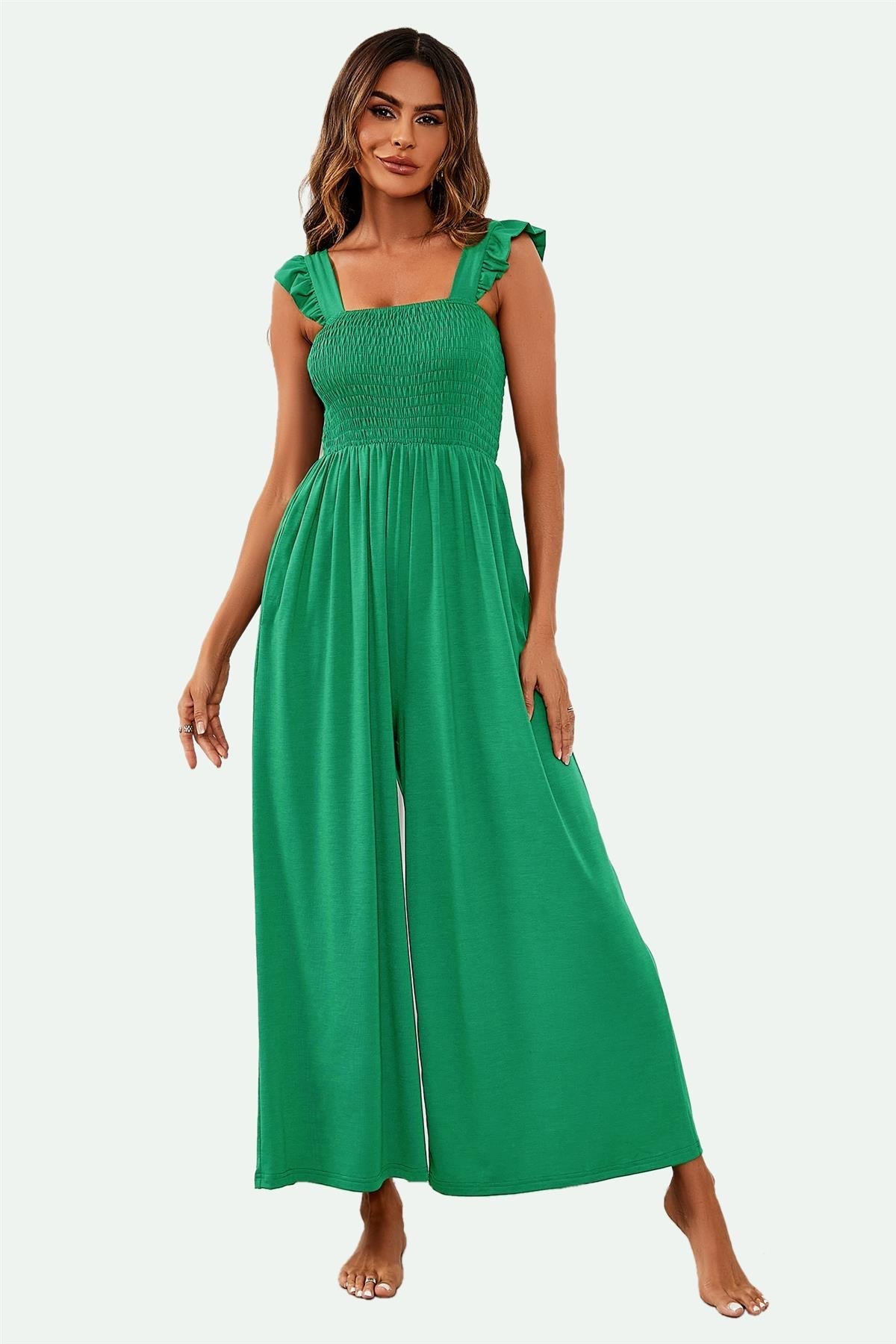 Frill Detail Strappy Jumpsuit In Green - AXON