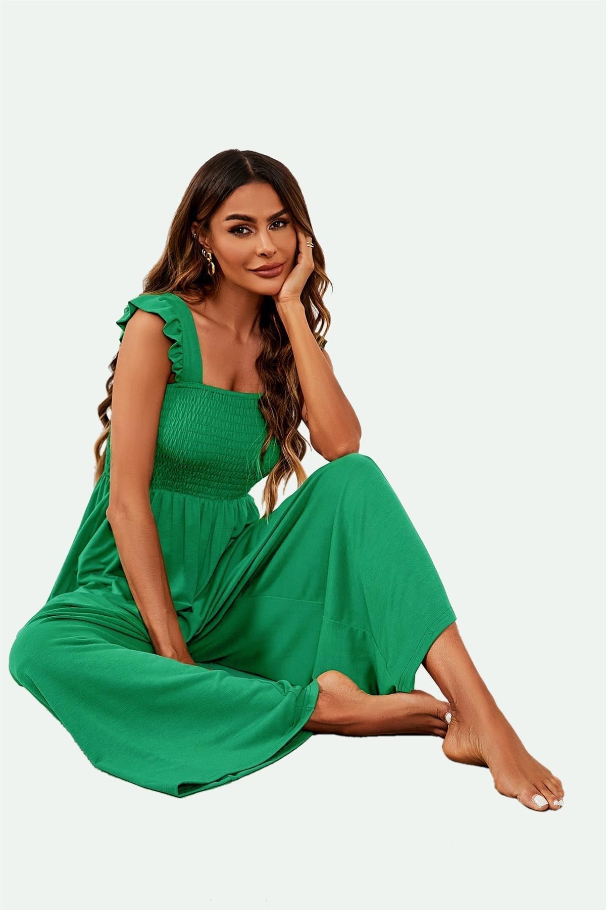 Frill Detail Strappy Jumpsuit In Green - AXON