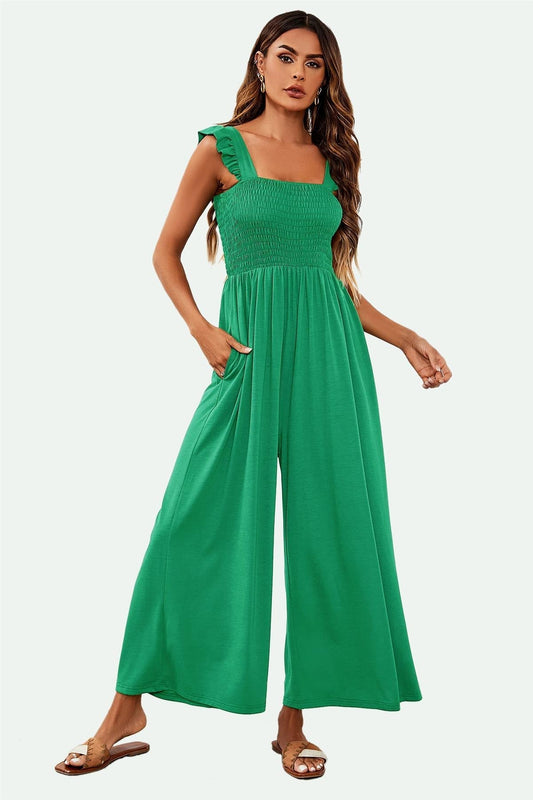 Frill Detail Strappy Jumpsuit In Green - AXON