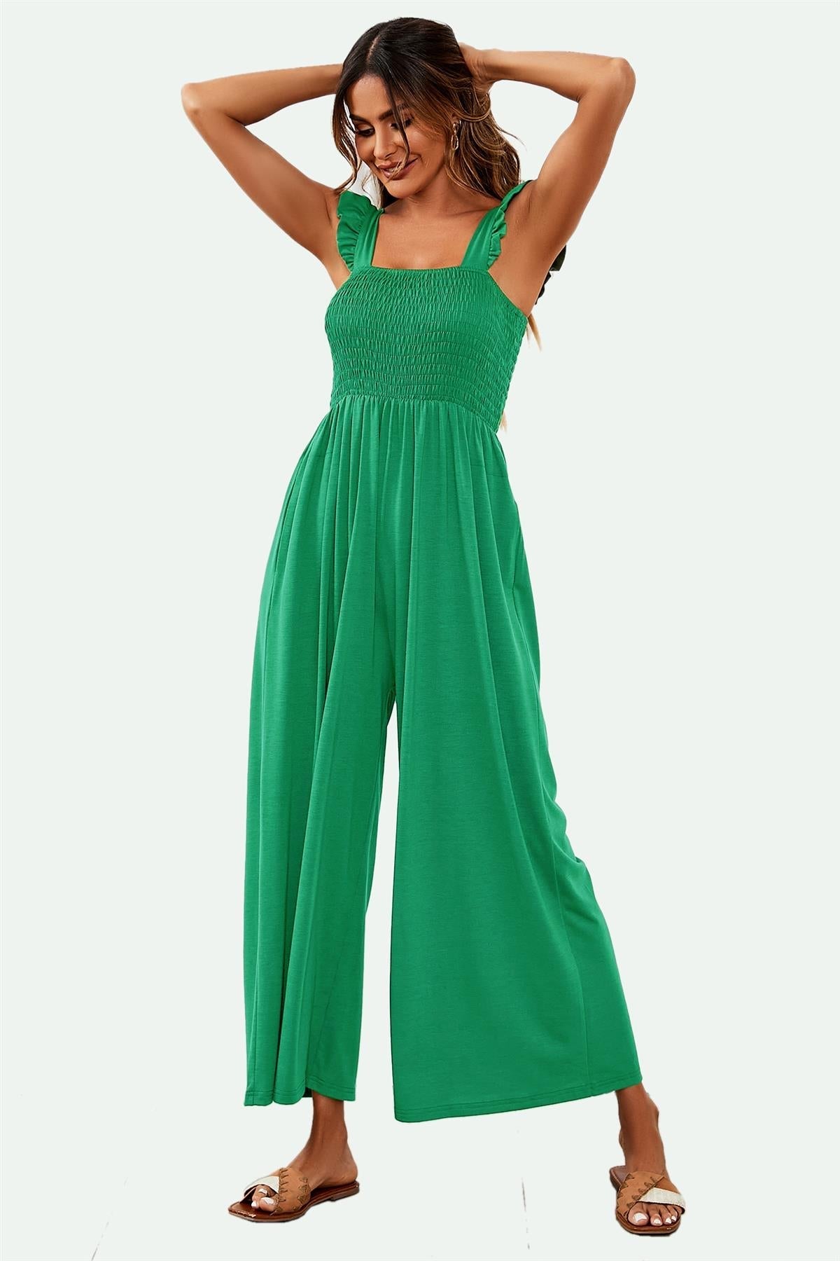 Frill Detail Strappy Jumpsuit In Green - AXON