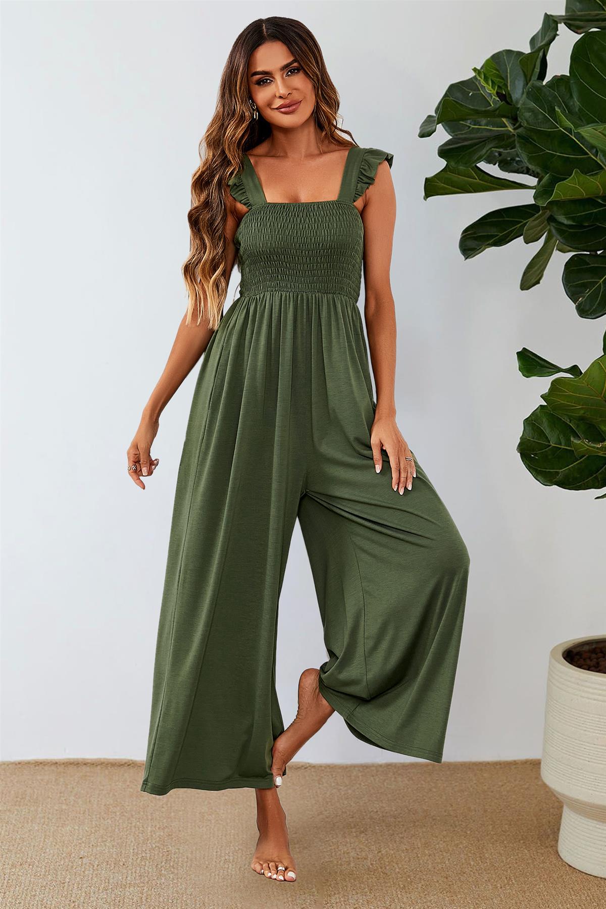 Frill Detail Strappy Jumpsuit In Olive - AXON