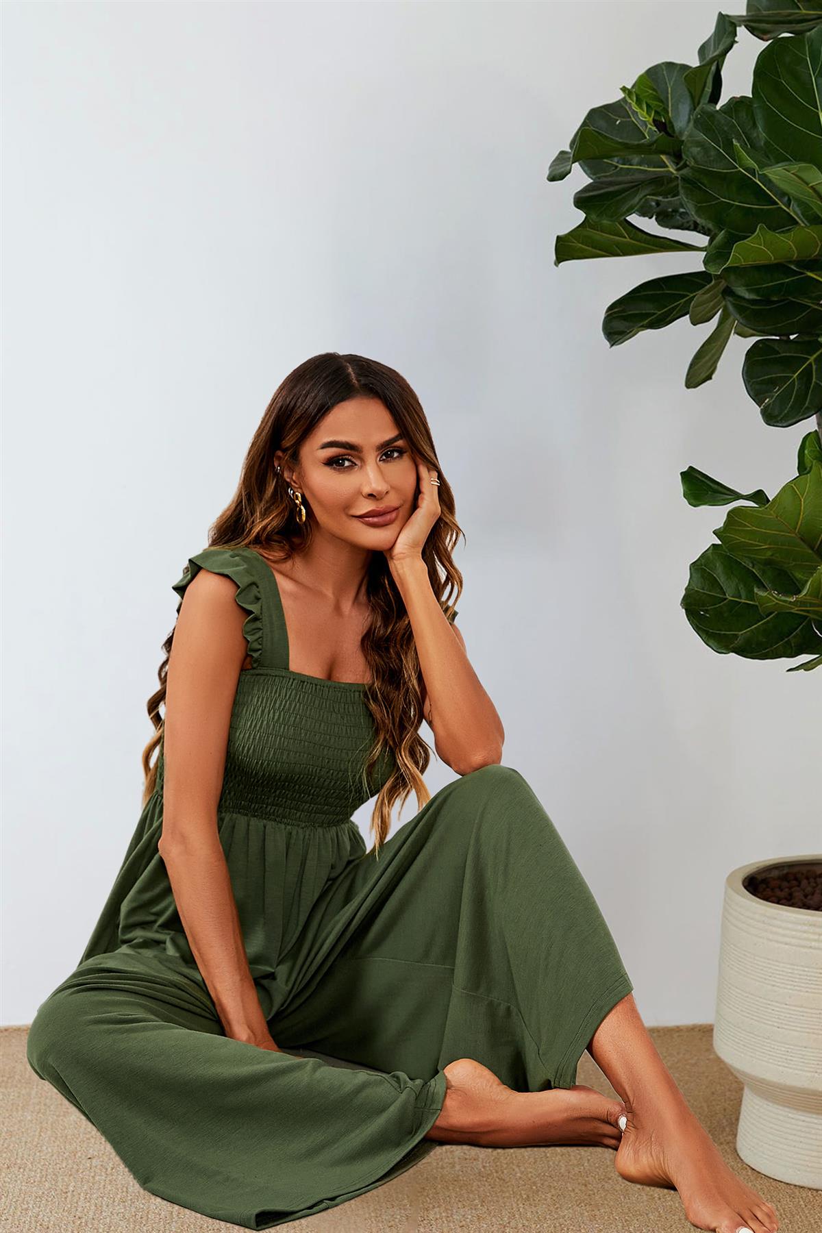 Frill Detail Strappy Jumpsuit In Olive - AXON